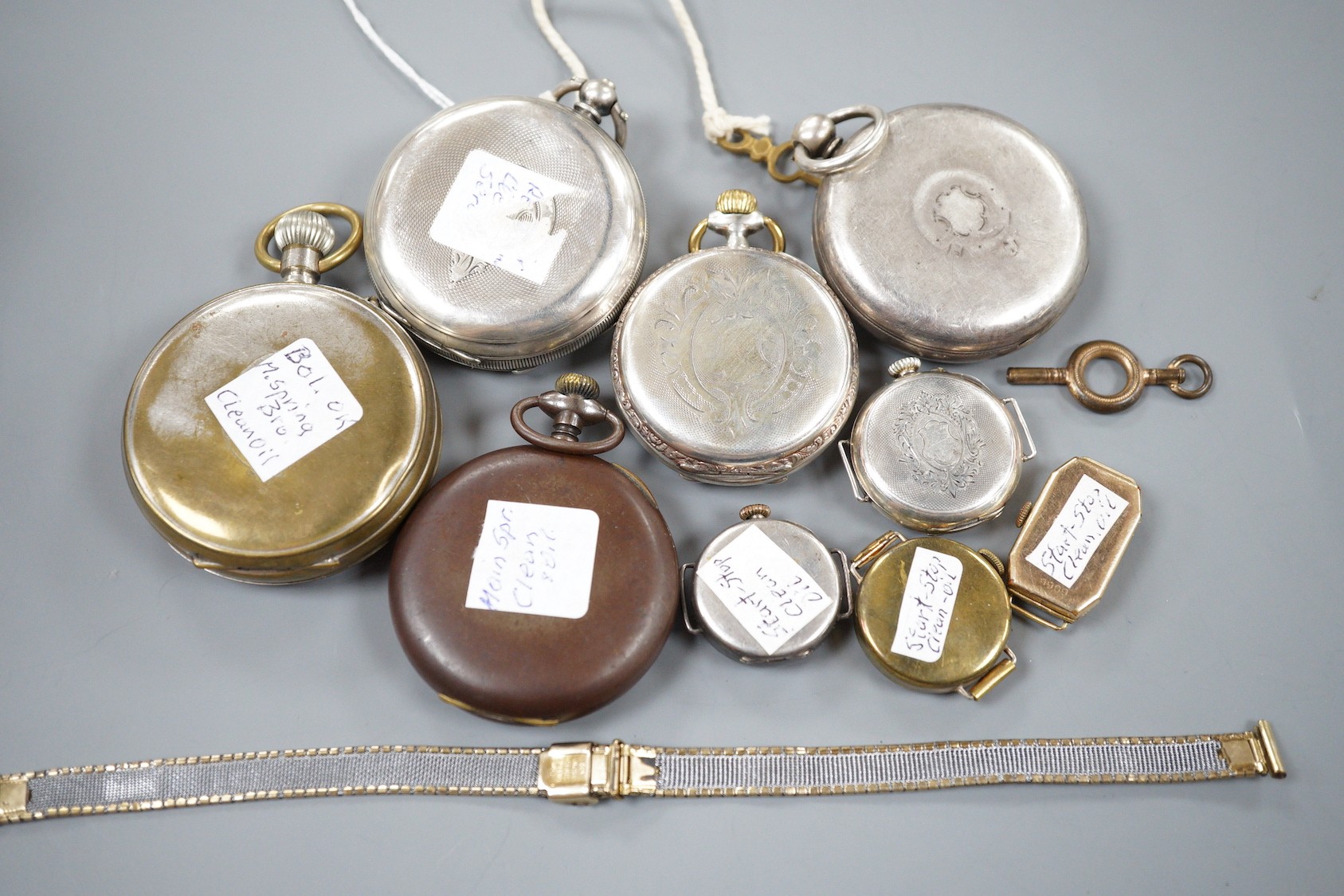 Two silver open faced pocket watches including Catesbys Ltd Record Lever, a German 800 pocket watch, two other base metal pocket watches, four assorted wrist watches and a gilt metal watch bracelet.